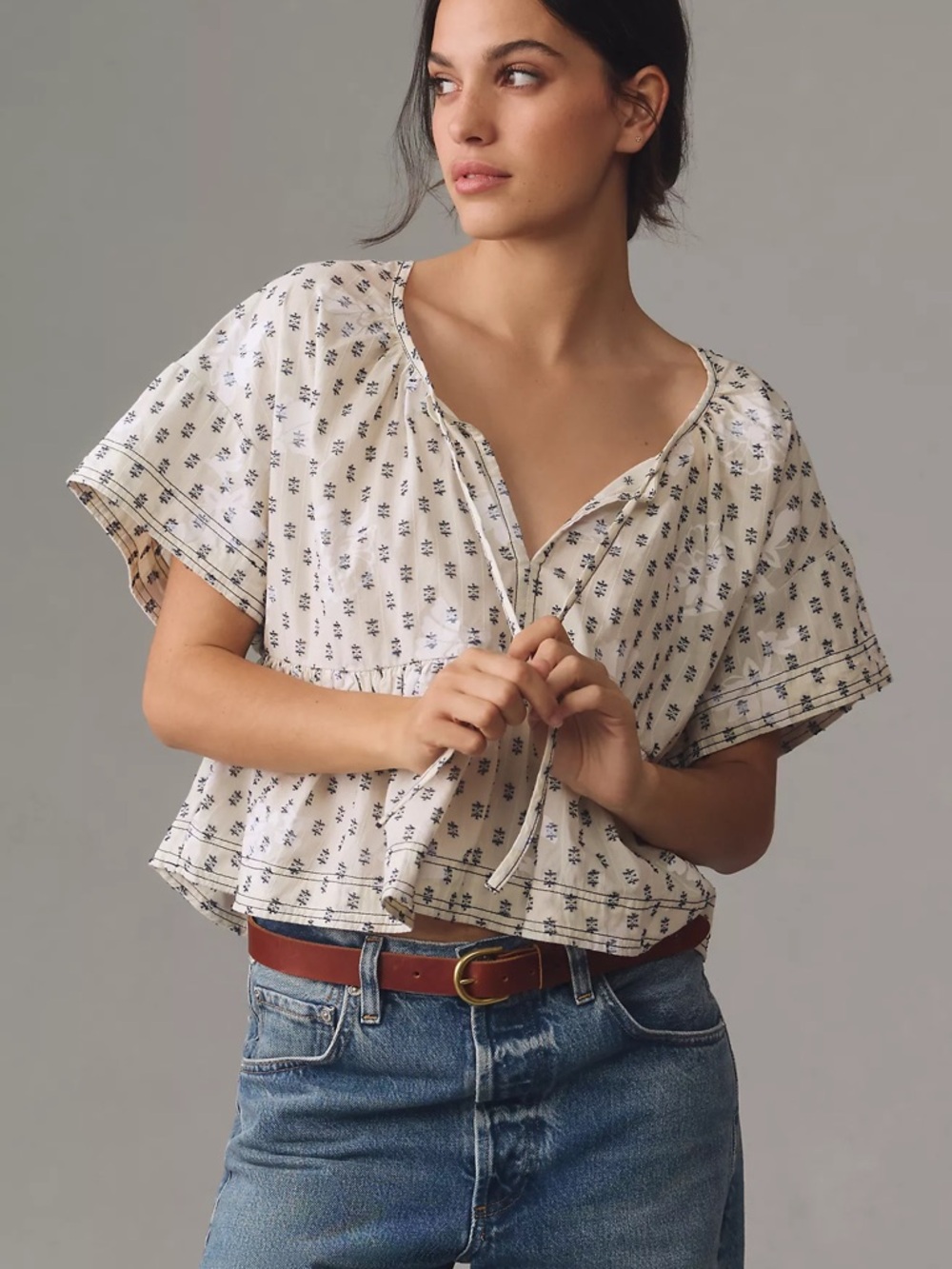Lightweight White Peplum Top with Blue Floral Print